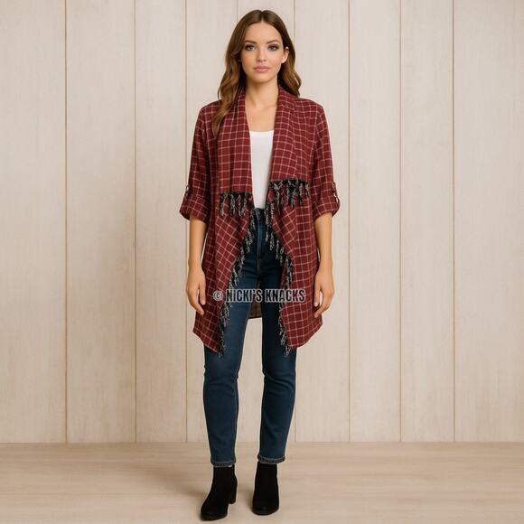 Entro Plaid Open Front Duster Cardigan Tassel Cotton Lightweight Layer Size M - Picture 7 of 8
